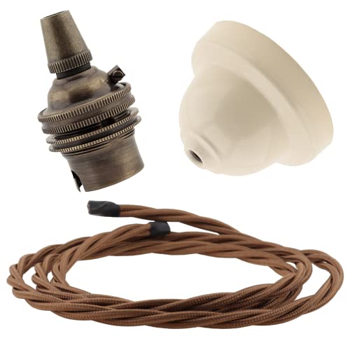 Repaireum Ltd. Vintage Reproduction of Ivory Bakelite Ceiling Pendant Kit with B22 Antique Brass Lampholder and Bronze Flex *** Small Retro Ceiling Rose *** 1 Meter of British Made Wire