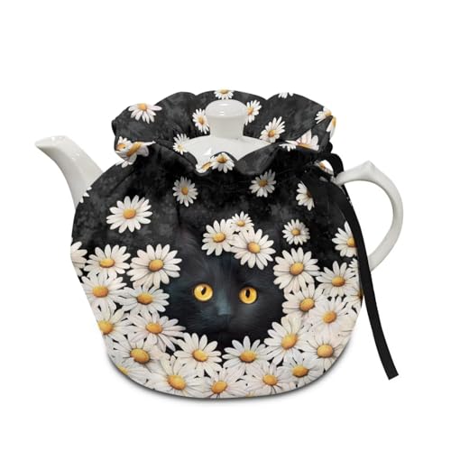 Image of Tea Cozy for Teapot Black Cat Daisy Print Tea Kettle Dust Cover Keep Warm Breakfast Warmer with Drawstring Kitchen Decorations