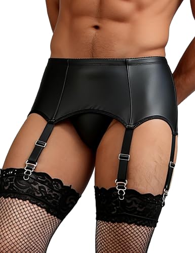 comeondear Herren Strapsgürtel PU Leder Schwarz Strumpfhalter für Männer Sissy Dessous Set Strumpfband mit 6 Halter Große Größen Erotische Unterwäsche Garter Belt Hosenträger Strapshalter Schwarz,S