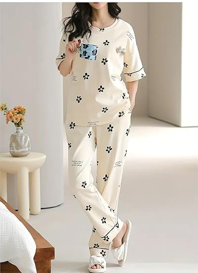 Image of Women's Pajama Set with Top & Pants|| Korean Night Wear|| Loose Fit Home Wear || Lightweight Printed Set || Soft & Comfy Girls & Women