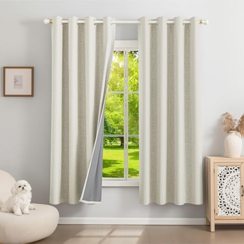 Runyéla 100% Verdunklungsvorhänge Leinen Gardinen mit Ösen, Thermovorhang | 2er Set, H175xB140 Hellbeige, Leinenoptik Vorhang Blickdicht, UV-Schutz Wärmeisolierend Schallschutz Sch