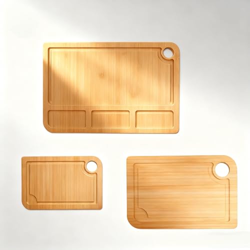 comfoyar Tabla de Cortar de Bambú Juego de 3, Tabla Cortar Cocina con Compartimentos y Ranuras para Zumo, Tablas para Corte Madera Profesional con Mango Fácil Agarre para Carne Verduras Quesos Pan