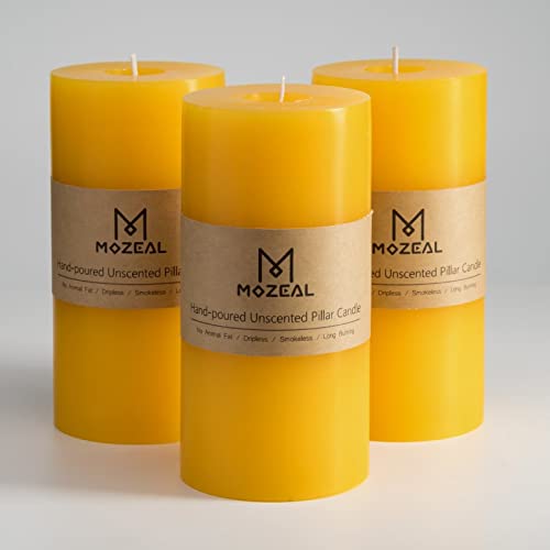 MOZEAL 3" x 6" Hand-Poured Unscented Candle,Dripless Pillar Candle Set of 3,Long Lasting Burning,Approx 120 Hours Burn Time,Rustic Country Style,for Wedding,Dinner,Christmas and Home Decor,Yellow Deal