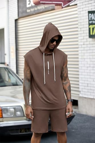 Image of Lexiart Mens Short Sets Sleeveless Workout Hooded 2 Pieces Outfits
