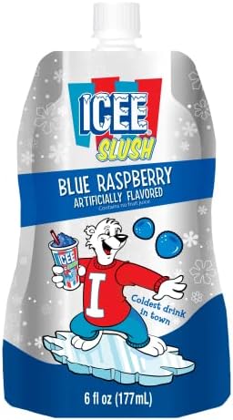 Icee Slush Blue Raspberry Frozen Fruit Juice 6 fl oz Pouches - Just Freeze & Squeeze for Instant Slushy Maker, Great for Birthday Party, Lunchbox, No Icee Machine Needed, 12 Pack