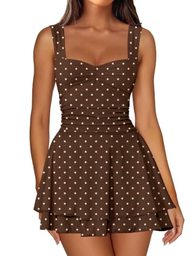 Image of IWD Women's Square Neck Sleeveless Mini Dress Ruched Waist Tiered Ruffle Hem A Line Short Dresses