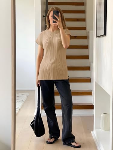 Image of Imily Bela Womens Short Sleeve Sweater Casual Crew Neck Rribbed Knit Split Pullover Summer Tunic Tops
