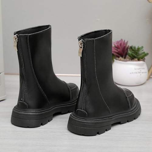 Girl's Waterproof Leather Zipper Mid Calf Combat Boots Solid Riding Boots Fall Winter Dress Shoes4