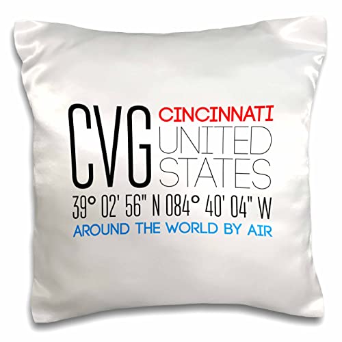 3dRose Alexis Design-Around The World by Air-Splendid Text CVG, Cincinnati, United States, Location Coordinates (pc-311113-1) Pillow Case, White