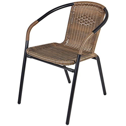 BTEXPERT Indoor Outdoor - Set of Two Brown Patio Backyard Bistro Restaurant Chairs Rattan Stackable Cafe Arm Chairs