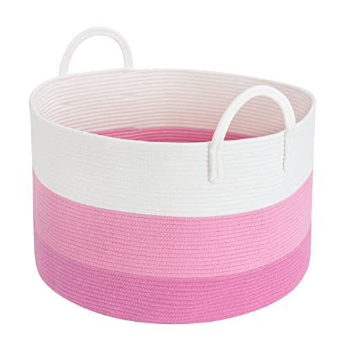 Image of INDRESSME XXXLarge Pink Woven Rope Basket | Wide 21" x 14" Blanket Storage Basket with Long Handles Decorative Clothes Hamper Basket | Extra Large Baskets for Blankets Stuffed Animal Storage Basket