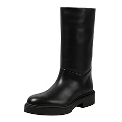 FYS Womens Round Toe Calf High Boots Pull on Chunky Block Low Heel Boots Wide Fur Casual Daily