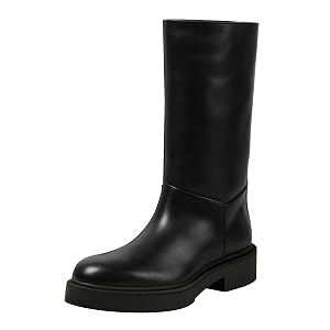 FYS Womens Round Toe Calf High Boots Pull on Chunky Block Low Heel Boots Wide Fur Casual Daily
