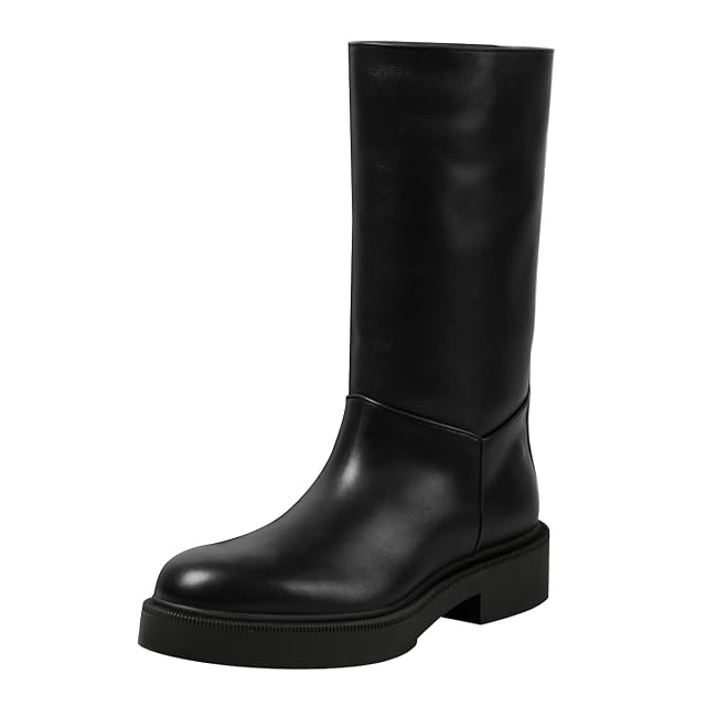 FYS Womens Round Toe Calf High Boots Pull on Chunky Block Low Heel Boots Wide Fur Casual Daily