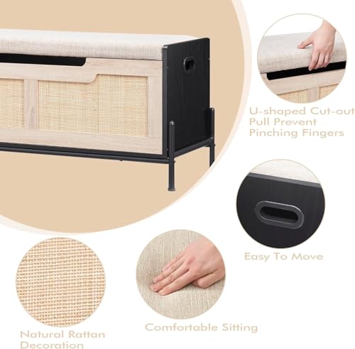GAOMON 39.4" Storage Benches Rattan Entryway Bench with Cushion, 2 Safety Hinges, Storage Trunk, Shoe Bench Storage Chest for Entryway, Living Room, Bedroom, Oak & Black