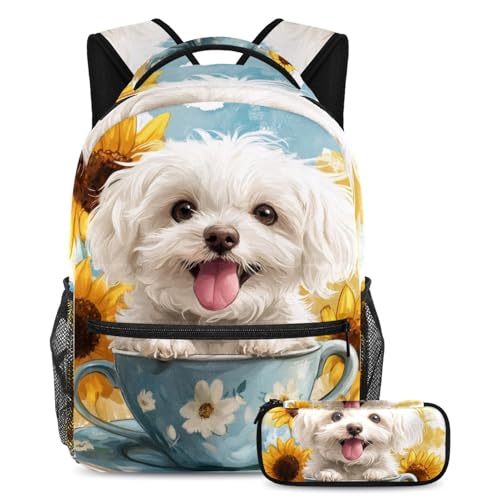 Sac à dos ado pour voyage et collège avec sa trousse à crayons au joli motif tasse tournesol