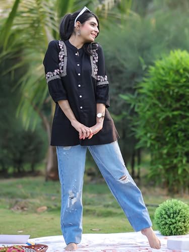 Image of Women's Viscose Rayon Embroidered A-Line Short Kurti Above Knee Regular Fit Tunic Top Office Wear Casual short kurti for women | office wear top | A-line kurti | raksha bandhan gift dress for women