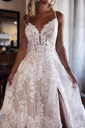 Lace Applique Wedding Dresses for Bride 2025 Spaghetti Straps V Neck Bridal Dress with Slit Backless Bridal Gown KN0464