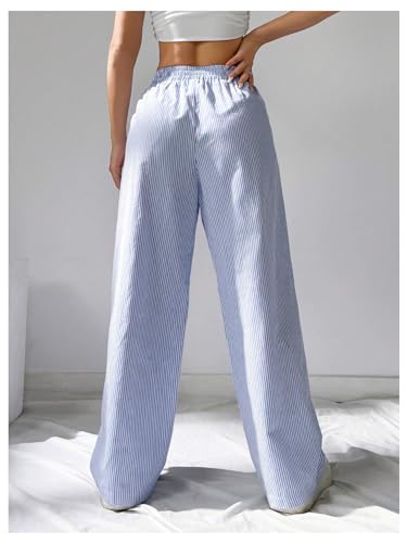 WDIRARA Women's Striped Print Straight Leg Pants Elastic Waist Casual Trousers with Pockets2