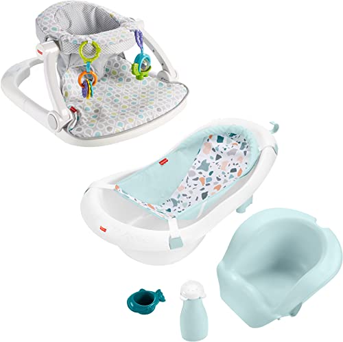 Image of Fisher-Price Portable Baby Chair Sit-Me-Up Floor Seat, Honeydew Drop + Fisher-Price 4-in-1 Sling 'N Seat Bath Tub, Pacific Pebble, Baby to Toddler Convertible Tub with Seat and Toys