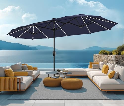 MFSTUDIO 13FT Patio Umbrella with Solar Lights, Double-Sided Outdoor Table Rectangular Umbrellas with120 LED Lights, Hand Crank for Lawn Backyard Pool, Navy Blue