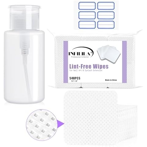 NXJ INFILILA Lint Free Nail Wipes and Acetone Pump Dispenser 540PCS Nail Wipes With 1PCS Alcohol Bottle Push Dowm Pump Dispenser Nail Polish Remover Set 180ml/6.4oz Cover