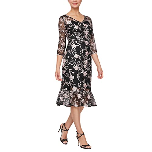 Image of Alex Evenings Womens Tea Length Embroidered Cocktail Dress with Illusion Sleeves, Wedding Guest (Petite and Regular Sizes)