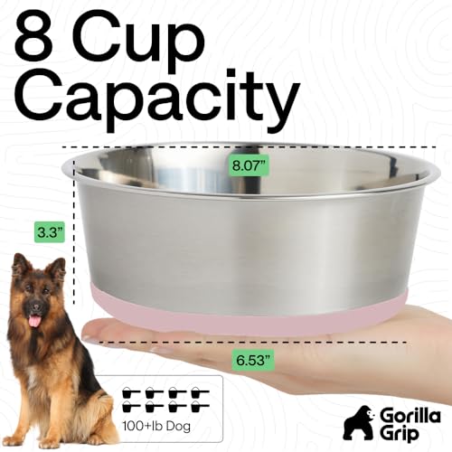 Image of GORILLA GRIP Dog Bowls, Food Grade 304 Stainless Steel, Holds 8 Cups Each (64 fl oz) Food and Water Bowl for Feeding Dogs and Cats, Dishwasher Safe, Rust Resistant, BPA Free Rubber Base Set of 2 Pink