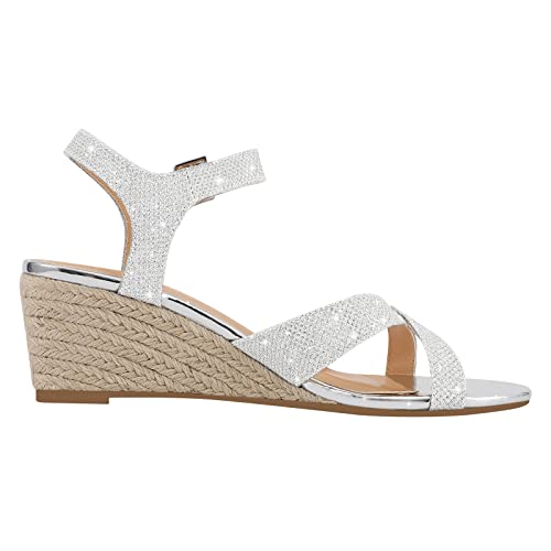 Pizz Annu Women's Wendy Low Wedge Sandals Ankle Strap Espadrille Open Toe Casual Summer Women Wedge Heels Shoes, Silver Glitter 8 #TOP2