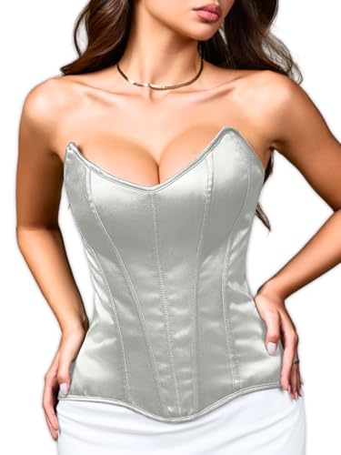 EHSUYAB Women Satin Overbust Corset Top 15 Steel Boned Lace Up Shapewear Xs-6Xl Sexy Bustier Formal Evening Party Going Out Silver Grey Large