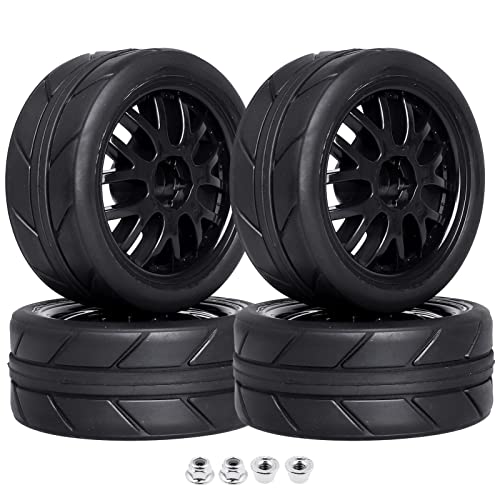 CrazyHobby Pre-Glued OD 2.56' 12mm Hex Wheels Rims & Rubber Tires 26mm for 1/10 Scale On Road Racing...