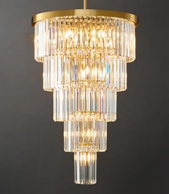 High Ceiling Chandelier Crystal Modern: 24" 5-Tiered Dimmable Staircase Chandeliers - Large Long Gold Hanging Pendant Light Fixture For Entryway Foyer Living Room - Round Flush Mount Ceilings Lights