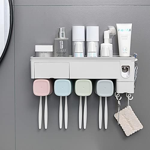 Support Brosse Dents Désinfectant Distributeur Automatique Dentifrice + Porte-Brosse Mural 4 Emplacements – Set Salle De Bain Sans Perçage