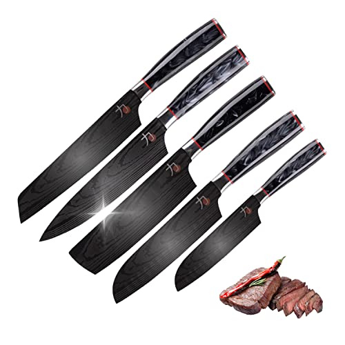 MasterPro Tetsu | Couteaux de Cuisine Set Complet 5 Japonais Parfaits pour couper tous types d'aliments Professionnelle Renforcés, Équilibrés et avec Revêtement en Titane BGEU-5610