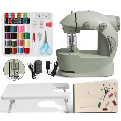 Image of Hearth & Harbor Mini Sewing Machine for Beginners, Dual Speed Small Portable Sewing Machine for Kids and Adults with Extension Table, 48 Piece Gift Set Includes, Pedal, Projects Book and More, Green