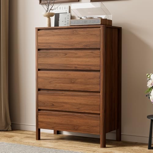 Walnut Dresser for Bedroom, 5 Drawer Dresser with Wood Legs, Tall...