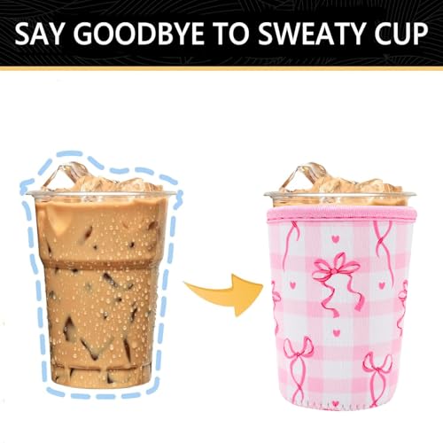 Image of YR Reusable Neoprene Insulator Sleeve for Iced Coffee Cups, 3 Pack Coffee Coolies sleeves for Iced & Hot Drinks, Cold Beverage Cooler Compatible with Starbucks Coffee and More (Cute Bows)