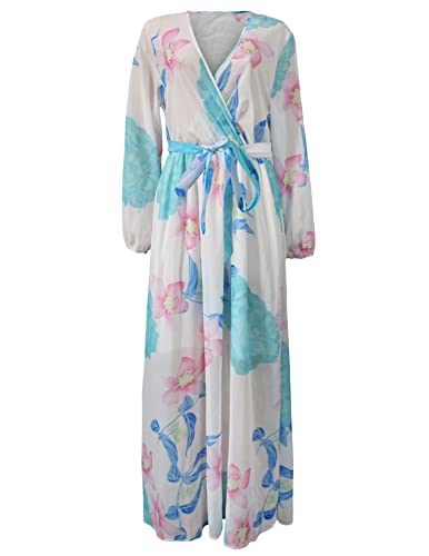 Image of lvenzse Womens Maxi Dress Boho Chiffon Floral Printed Long Party Dresses Plus Size with Belt (FBA)