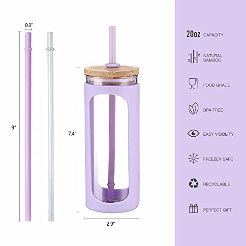 Kodrine BPA Free 20oz Glass Iced Coffee Tumbler with Bamboo Lid & Pink/Purple Sleeve