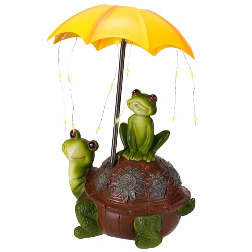 Solar Garden Statues Turtle & Frog with LED Lights and Umbrella