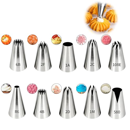 10 boquillas de pastelería profesionales, grandes boquillas reutilizables de acero inoxidable. Ideal para decorar tartas, tartas, galletas y magdalenas
