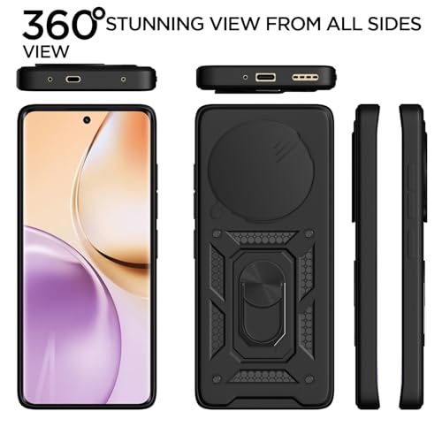 Image of Pikkme Back Cover for Realme 14 Pro 5G | 360 Protection Case | Sliding Camera Shield Cover & Ring Holder Stand D10 Tough Armor Bumper Case (Black)