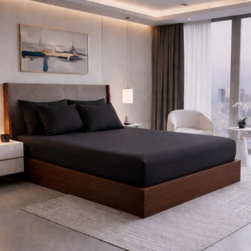 Image of 400TC Cotton Feel Glace Cotton Double Bed Elastic Fitted Bedsheet King Size Set || Includes 1 Solid Plain Fitted Bedsheet King Size with 2 Pillow Covers (78 x 72 Inches, Black)