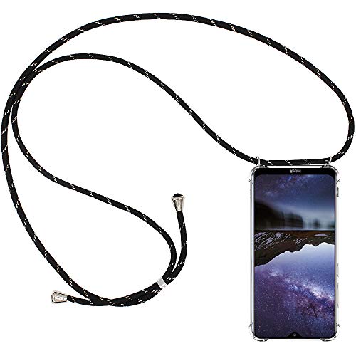 CLM-Tech Carcasa con Cuerda para Colgar Compatible con Xiaomi Redmi 8A - Funda Silicona Transparente con Cordon para Llevar en el Cuello, Negro Oro