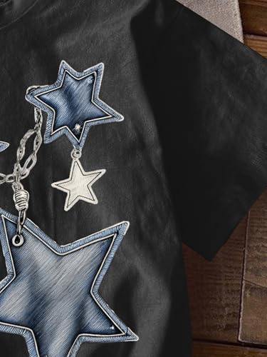 Image of RoseSeek Girl's Geometric Star Graphic Tee Tops Casual Summer Short Sleeve Crew Neck T Shirt