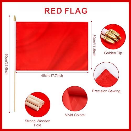 Yingnner 12 Pack Red Stick Flags Small 12x18 Inch Hand Held Flags with 24 Inch Wooden Pole Solid Red Blank DIY Graffiti Flags Decorations