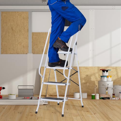 Miniatura 2 de Homcom Escalera Plegable De 4 Peldaños Con Bolsa De Herramientas, Escalera De Tijera, Carga 150 Kg, Con Peldaños Anchos Antideslizantes, Bloqueo De Seguridad, Apoyabrazos, Blanco Y Negro