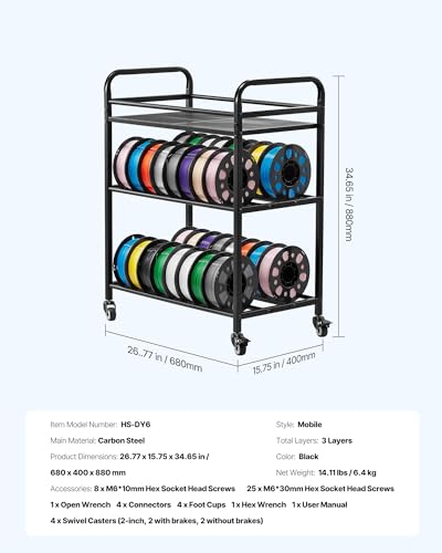 Image of VEVOR 3D Printer Filament Storage Rack, 4 Tier Heavy Duty Storage Shelf, Rolling Filament Spool Holders Racks with Wheels, Filaments Organzied for 3D Printing Station, Office, Workshop (Shelf Only)