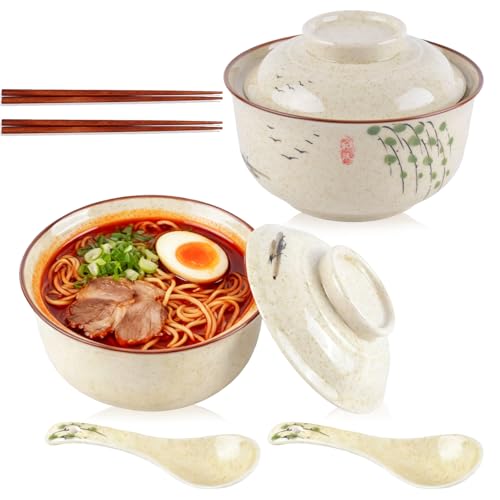 2 Pack Ceramic Ramen Bowls 27 Ounce Large Noodle Soup Bowl with Lid Japanese Style Retro Ceramic Tableware Set for 2 Person Chopsticks and Spoons Microwave Dishwasher Safe