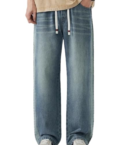 Men’S Vintage Baggy Jeans Mid Waist Straight Leg Denim Pants Streetwear Style Zipper Fly Distressed Wash Jeans